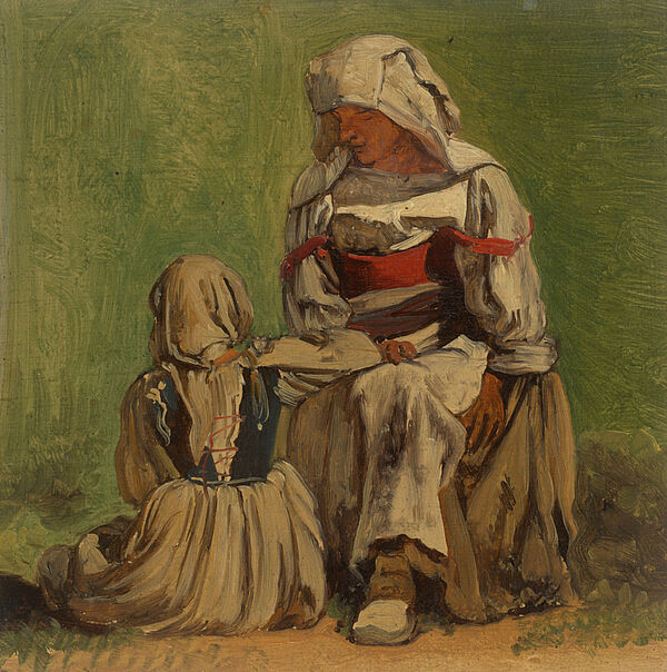 Gemäldeskizze von einer Frau, die neben einem Mädchen sitzt, in bräunliche Tücher gehüllt