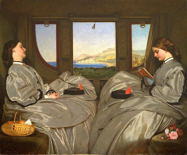 Während der Zugsfahrt an der französischen Riviera den Reiseführer studierend. Gemälde „The Travelling Companions“ von Augustus Leopold Egg, 1862. Public domain 