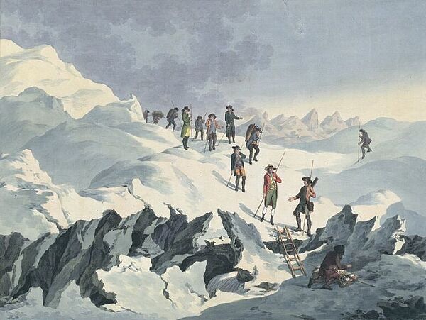 Eine Reisegruppe besteigt einen Gletscher