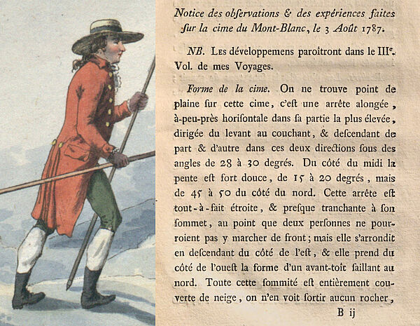 Bergsteiger in rotem Mantel links, rechts ein französischer Text