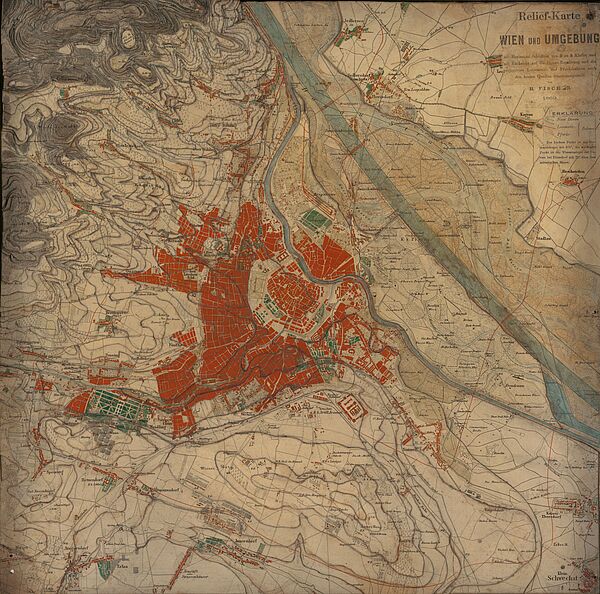 Ein Stadtplan von Wien und Umgebung, in dem das Relief von Wien durch runde Formen dargestellt ist