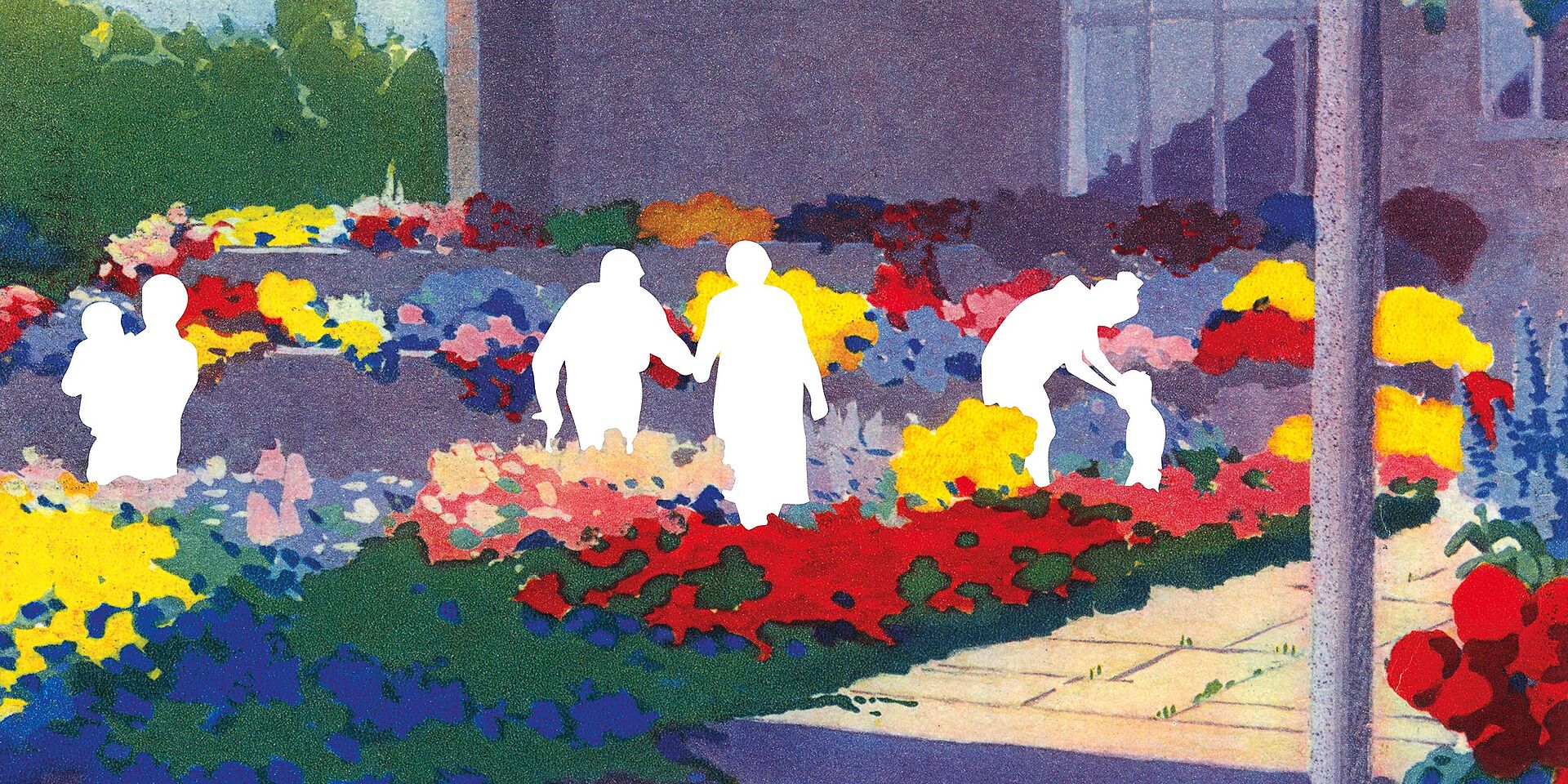 Zeichnung von lila Haus mit bunten Blumen davor und weißen Umrissen von Menschen