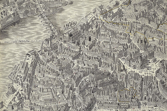 Graue, sehr detaillierte Zeichnung Prags von oben, links ein Fluss