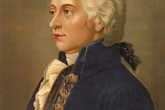 Mann mit weißer Perücke und blauer Jacke im Profil, Gemälde