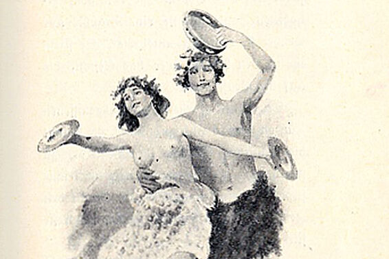 Tanzpaar in Röcken mit Instrumenten, Zeichnung