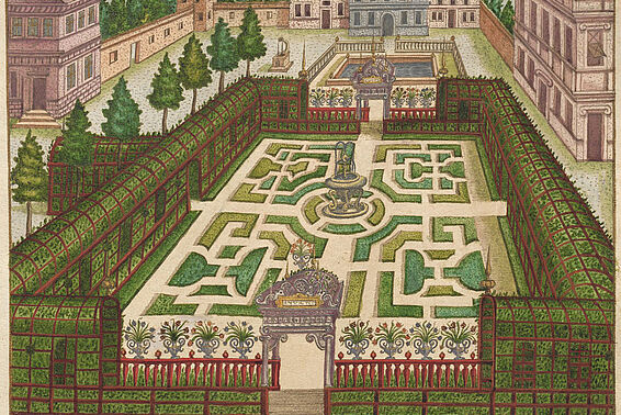 Gemalter symmetrischer Renaissancegarten, Häuser im Hintergrund