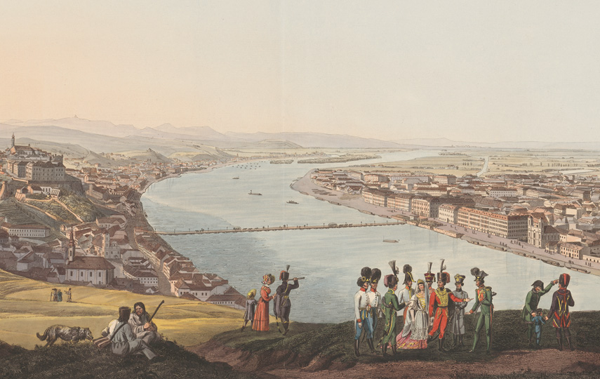 Alte Ansicht der Donau mit bunt gekleideter Menschenmenge am Ufer