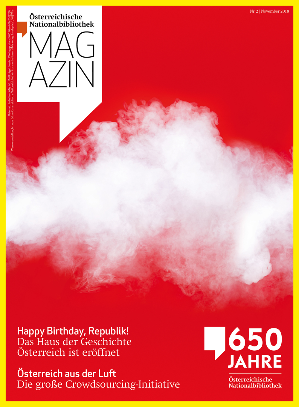 Weiße Wolke auf rotem Hintergrund am Cover des ÖNB Magazins 2018/02