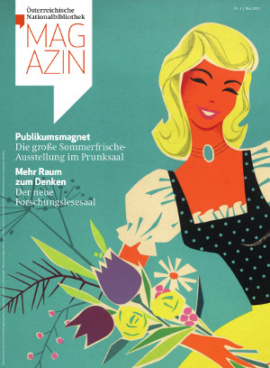 Zeichnung von blonder Frau in Tracht mit Blumenstrauß in der Hand am Cover des ÖNB Magazins 1/2012