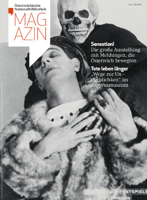 Skelett/der Tod legt dem Jedermann von hinten die Hände um den Hals, Cover des ÖNB Magazins 1/2013