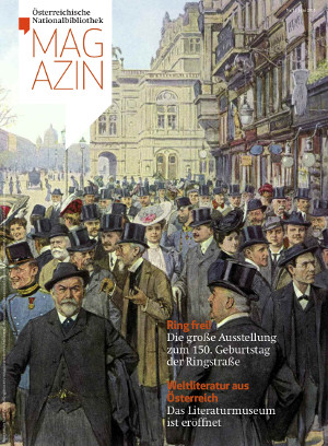 Menschenansammlung auf der Wiener Ringstraße am Cover des ÖNB Magazins 1/2015