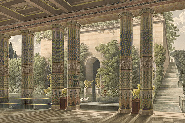 Alte Darstellung eines orientalischen Palastes, reich ornamentierte Säulen und grüner Garten 