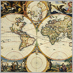 Atlas Blaeu-Van der Hem, Weltkarte mit Darstellung der vier Elemente als Allegorien 
