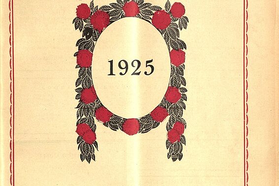 Rot gerahmtes Cover mit Blumenkranz in der Mitte