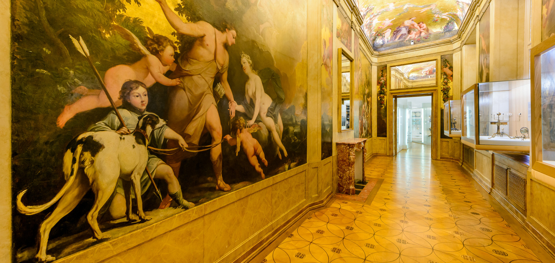 Blick durchs prächtige Goldkabinett im Globenmuseum, Gemälde auf der linken Seite, Vitrinen rechts