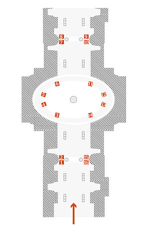 Grundrissplan des Prunksaals mit Statuenkennzeichnung  