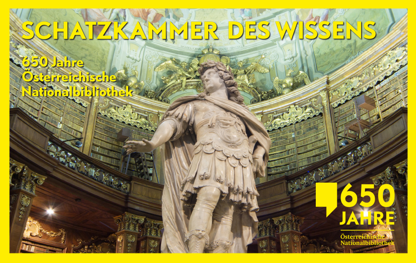 Karl VI. im Prunksaal, darüber in gelber Schrift "Schatzkammer des Wissens"
