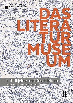 Oranger Schriftzug "Das Literaturmuseum" auf gepunktetem Grund