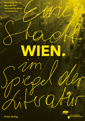 Gelbe Schrift in verschiedenen Schriftarten auf grünlichem Grund. In der Mitte steht "Wien"