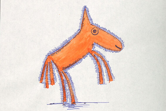 Simple Zeichnung von einem Pferd mit Kugelschreiber und oranger Farbe.
