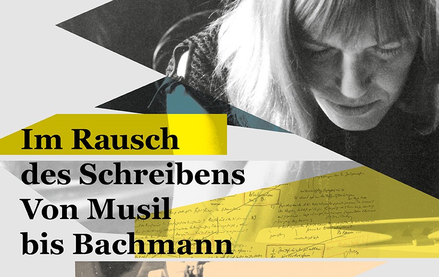 Kollage mit Schwarzweiß-Portrait von Ingeborg Bachmann mit gesenktem Blick. Schwarze Schrift auf gelbem Hintergrund: "Im Rausch des Schreibens. Von Musil bis Bachmann"