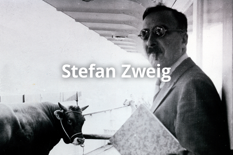 Schwarz-weiß Fotografie mit Mann rechts und Kuh links. Text: Stefan Zweig