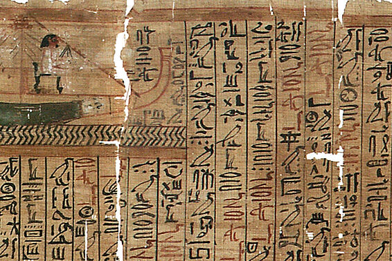 Papyrus mit Zeichnung von Person auf Schiff.