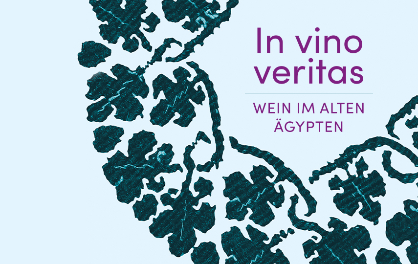 Hellblaues Plakat für die Ausstellung "In vino veritas" mit stilisierten Weinranken