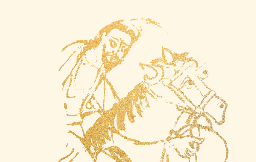 Cremefarbenens Bild mit einem goldenen Reiter zu Pferd.
