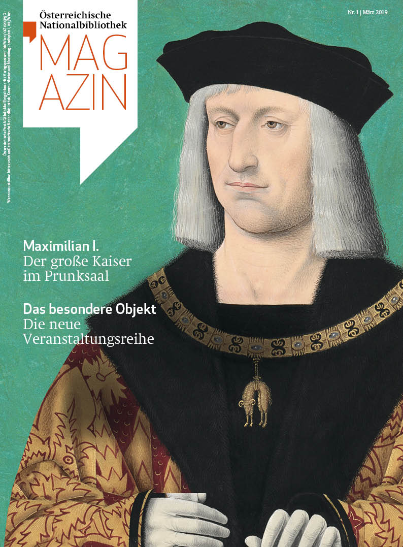 Portrait von Maximilian I. auf türkisem Hintergrund am Cover des ÖNB Magazins 2019/01