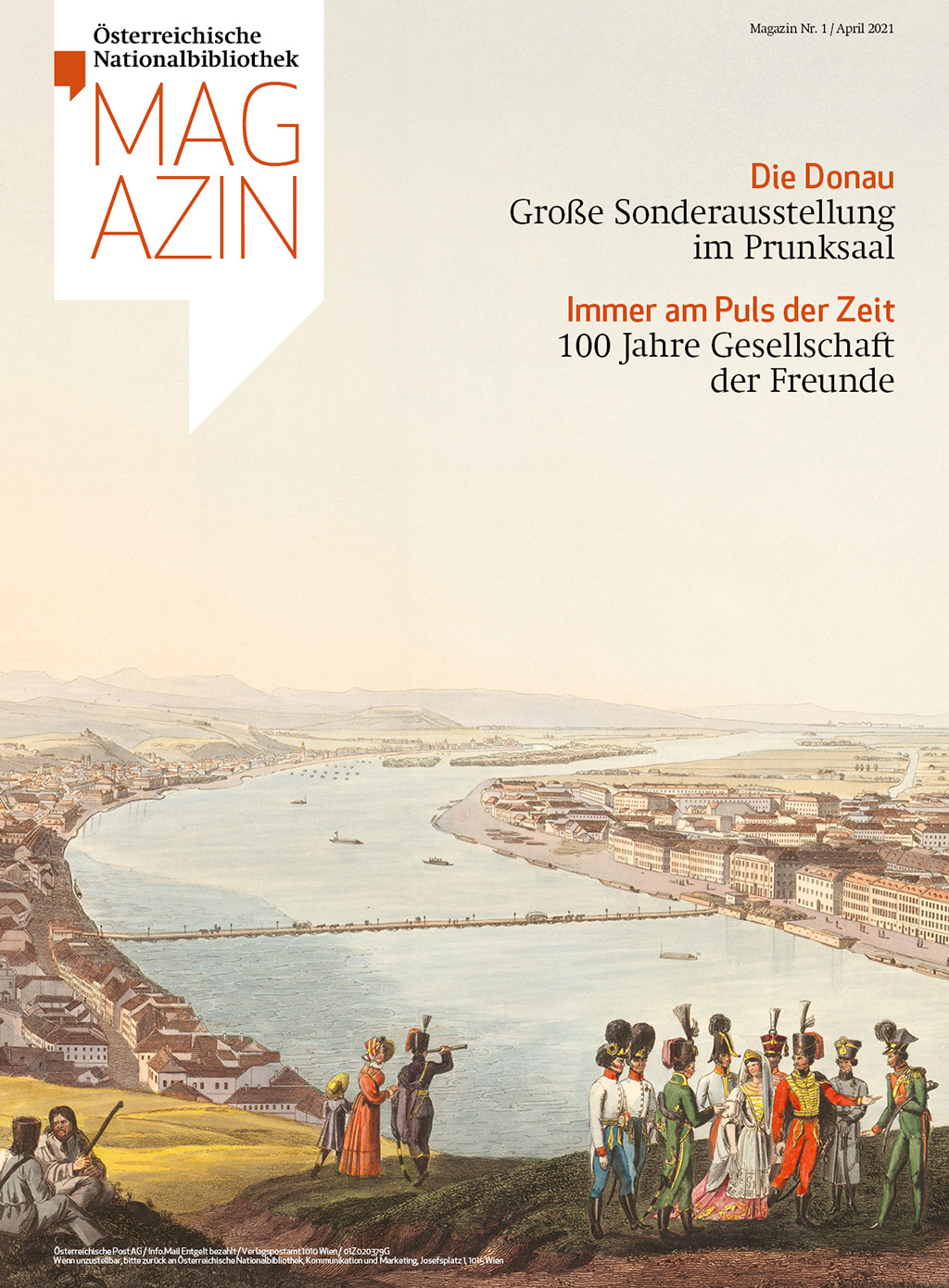 Eine alte Ansicht der Donau bei Budapest am Cover des ÖNB Magazins 1/2021