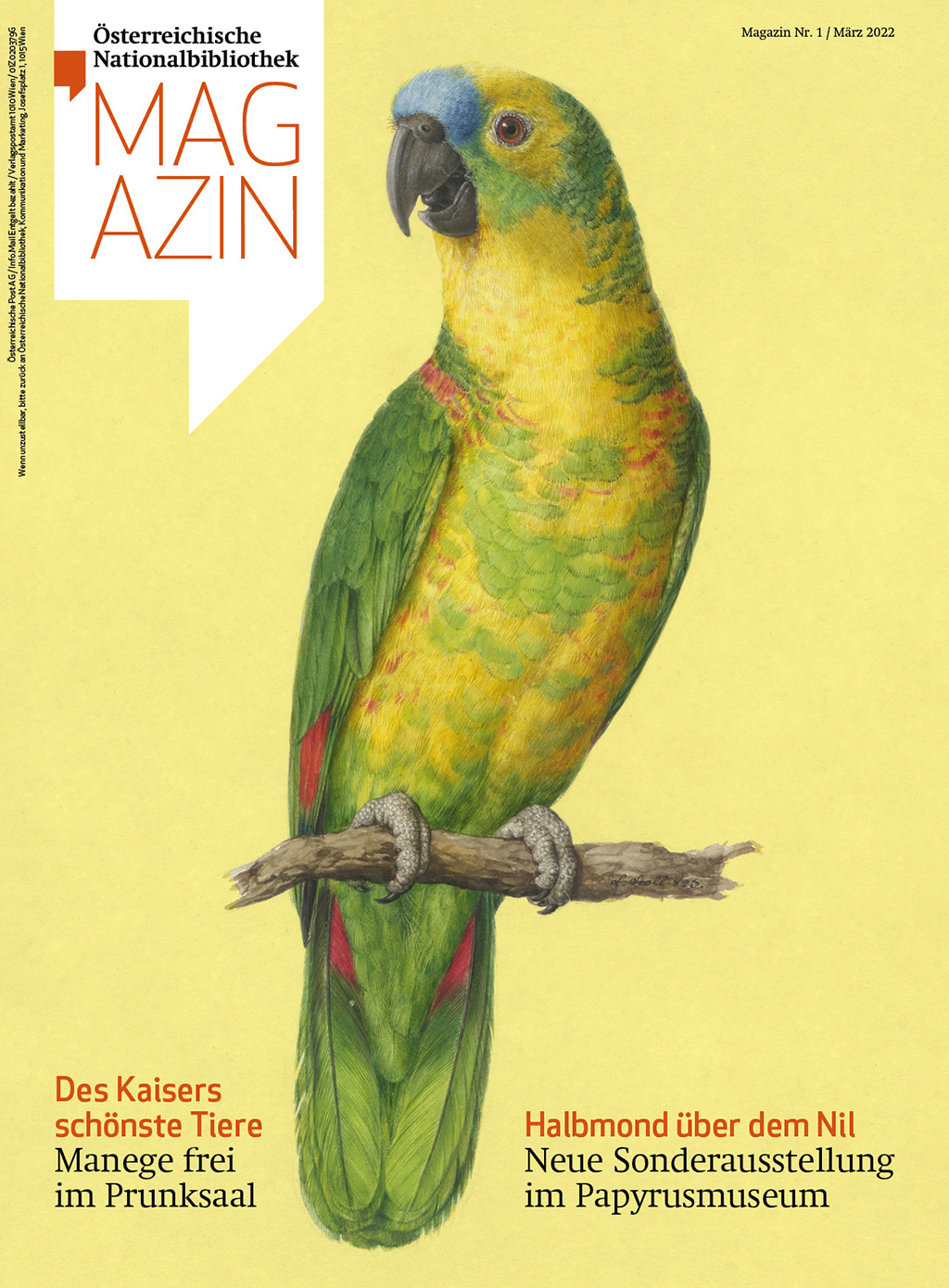 Magazincover mit einem Papagei auf gelbem Grund