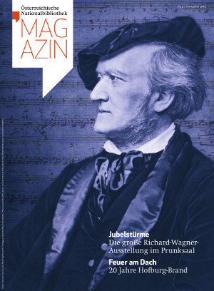 Seitliches Portrait von Richard Wagner mit Notenblatt im Hintergrund am Cover des ÖNB Magazins 2/2012