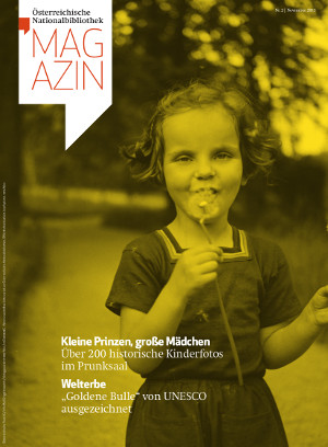 Kleines Kind mit Pusteblume vor dem Mund am Cover des ÖNB Magazins 2/2013