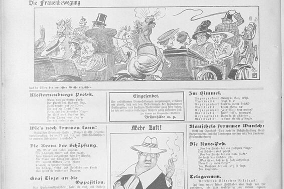 Kutschenfahrt von Frauen im Mai 1913 in Wien (Zeitungsgrafik)