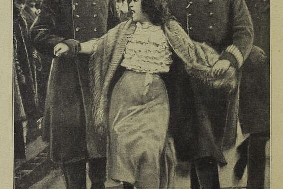 Eine Agitatorin für das Frauenstimmrecht wird von Polizisten festegnommen; aus: Das interessante Blatt 1907