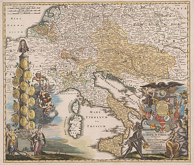 Alte Landkarte mit Zentraleuropa und vielen Wappen.