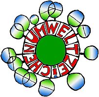 Buntes Logo des Umweltzeichens. Grüner Ball mit blaugrünen Kugeln rundherum. Rote Schrift "Umweltzeichen"