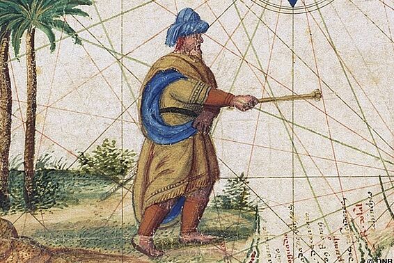 Mann mit bunten Gewändern und blauem Hut in Dschungellandschaft, Kartendetail
