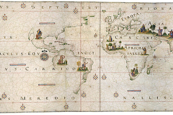 Weltkarte, Kontinente nicht ganz gezeichnet, mit verschiedenen Menschen darauf