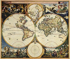 Weltkarte, in vier Kreise aufgeteilt, in den Ecken Szenen aus Hölle, Himmel, Erde und Meer
