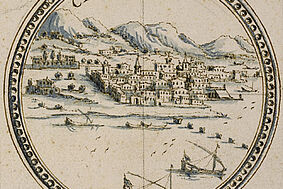 Kreisförmige Zeichnung mit Schiffen, Häusern und Bergen