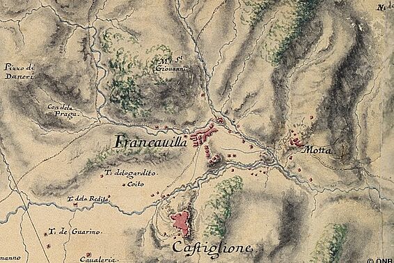 Karte mit Berglandschaft, dazwischen kleine Orte
