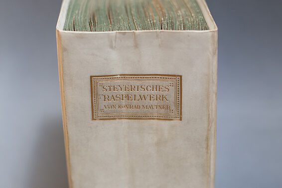 Dickes, altes Buch mit weißem Einband, stehend von hinten fotografiert. Am Rücken steht "Steirisches Raspelwerk von Konrad Mautner"