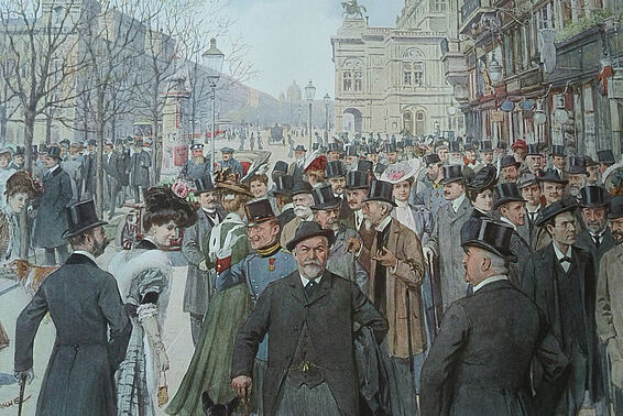 Colorierte Zeichnung von Menschenmenge in altmodischer Kleidung auf der Ringstraße in Wien