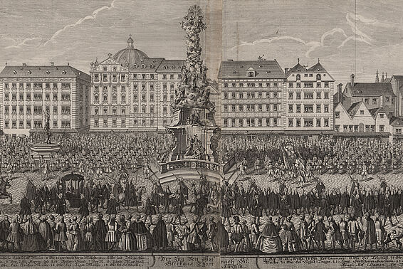 Historische Darstellung des Erbhuldigungzuges für Maria Theresia mit unzähligen menschen in Wien