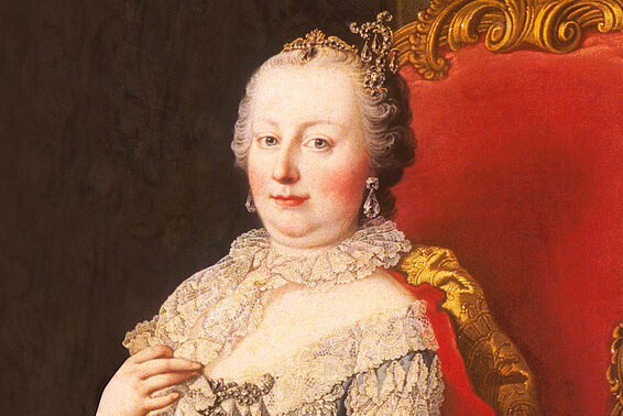 Portrait von Maria Theresia mit grauer Perücke und festlicher Kleidung