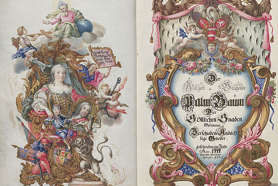 Prachtvolle Darstellung aus einem Gebetbuch mit Darstellung von Maria Theresia