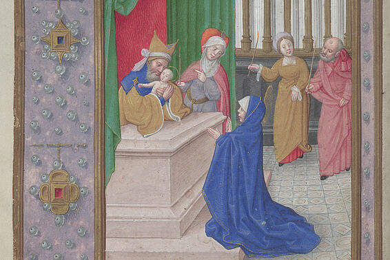 Alte Darstellung in einem Stundenbuch, Priester hält Baby (Jesus), eine Frau kniet davor, 2 Frauen und ein Mann im Hintergrund