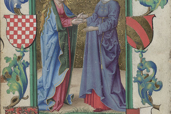 Darstellung der Heimsuchung Mariens, zwei Frauen, umgeben von Wappen